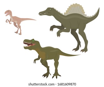 Conjunto de dinosaurios depredadores. Velociraptor, espinosaurio y tiranosaurio en forma de caricatura.