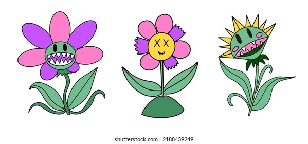 Flores y plantas depredadoras. El poder de las flores monstruosas. Ilustración vectorial.