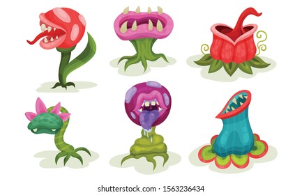 Set of predatory flowers and plants. Vector illustration.