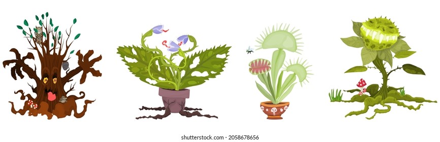 set of predatory plants for halloween venus flytrap. vector stock image