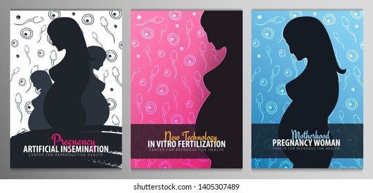 Set of Pregnancy banners. In vitro fertilization. Artificial insemination. Hand draw sketch background with moving spermatozoons and female egg