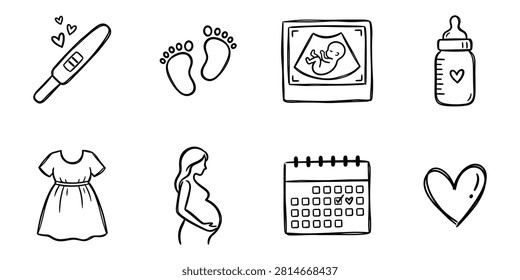 Set of pregnancy concept line icons including ultrasound, baby bottle, and footprints