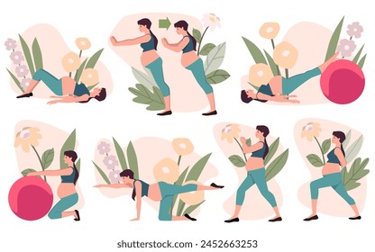 Set of pregnancy exercise routines. Vector illustrations of pregnant women performing various prenatal workouts with and without fitness ball