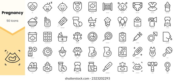 Conjunto de Iconos de embarazo. Paquete de iconos de estilo de arte de línea simple. Ilustración del vector