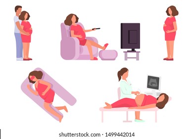 Set of pregnancy scenes. Collection of pregnant woman watching TV, sleeping, visiting doctor and pregnant couple.Happy pregnancy set. Vectot flat character illustration