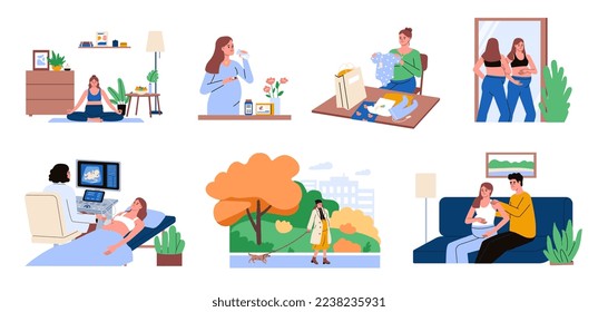 Escenas de gestos. La rutina diaria de las embarazadas, su estilo de vida. Concepto de licencia de maternidad. Mujer caminando, haciendo compras, yoga, haciendo chequeo, ultrasonido. Esposa y marido.  Colección. vector