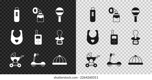 Set Pregnancy test, Breast pump, Rattle baby toy, Baby stroller, Roller scooter, hat, bib and monitor walkie talkie icon. Vector