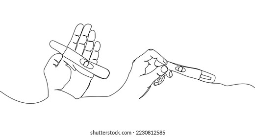 Conjunto de pruebas de embarazo en la mano una línea de arte. Dibujo continuo de línea de embarazo, pruebas, análisis, ovulación, noticias felices, resultados positivos, niño, maternidad.