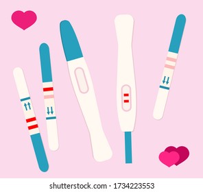 Set Pregnancy test icons. Ovulation medical tests result. Test pregnant woman. flat vector illustration on pink background