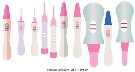 Set of pregnancy test kits showing different types, including digital and stick tests, fertility and family planning icon