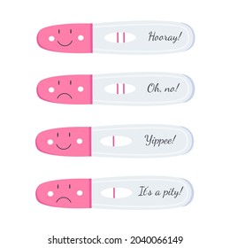 Un conjunto de pruebas de embarazo con resultados positivos y negativos, una y dos líneas con inscripción. Embarazo planificado y no planificado. Ilustración plana del vector