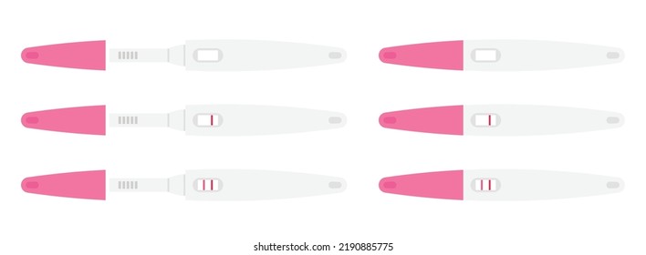 Set of pregnancy test results vector illustration. Pregnancy positive and negative test with cap 1 stripe, 2 stripes flat design clipart. Medical, female reproductive, planning of pregnancy concept