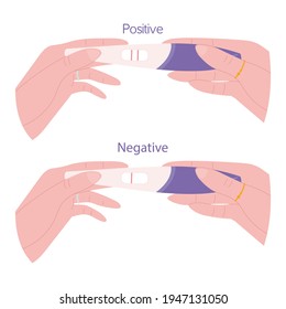 Set of pregnancy tests. Positive and negative results, two and one strips. Medical test in hands. Maternity, fertility and birth control concept.