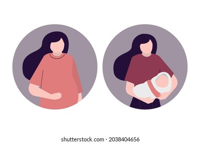 Set of pregnant and childbirth women. Beautiful woman with newborn baby. Happy pregnancy, childbirth and motherhood. Pregnant lady wait for kid. Collection of cartoon mothers. Flat vector illustration