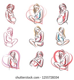 Set of pregnant female beautiful body outlines, mother-to-be vector drawn illustration. Happiness and caring theme. Mothers day.