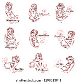 Set of pregnant female body shapes hand drawn vector illustration, beautiful lady gently touching her belly. Neonatal care center advertising poster