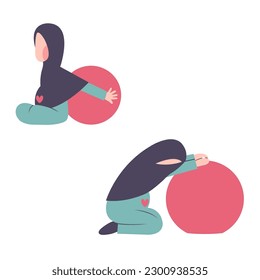 Set Of Pregnant Hijab Mother Exercising With Fitness Ball