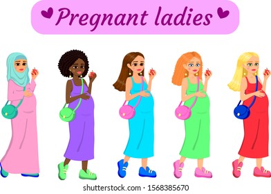 Set of pregnant international ladies.
Each has an apple in her hand, and a hand on her stomach.
Beautiful colorful picture. On a white isolated background. Vector and illustration.