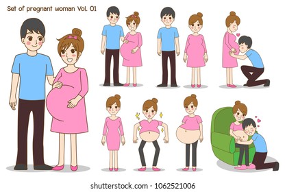 Set of pregnant woman character having a baby birth with love couple, husband wife, dad kiss mom, father hug mother, man happy, parent smile, family care concept, outline cartoon vector illustration.