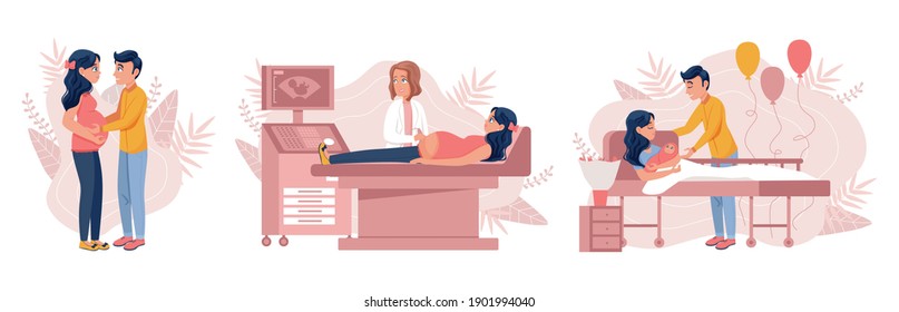 Set of pregnant woman and childbirth. Doctor female examining pregnant woman in clinic. Vector illustration in flat style.