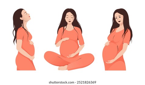 Set of pregnant woman with different poses and happy smile