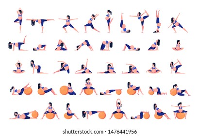 Set Of Pregnant Woman Doing Yoga Exercise. Fitness And Sport During Pregnancy. Healthy Lifestyle And Relaxation. Isolated Vector Illustration In Cartoon Style