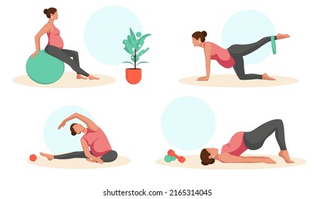 Set of pregnant woman fitness exercises with different equipment. Vector colourful Illustration isolated on white background.