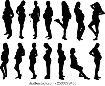 Set of pregnant woman full body silhouette illustration