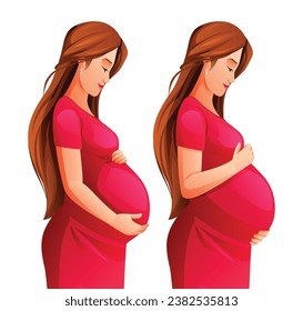 Set of pregnant woman hugging her belly with different hand positions. Vector cartoon illustration