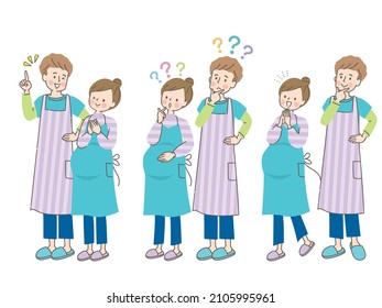 Set of pregnant woman and husband in apron