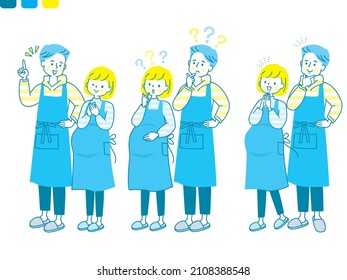 Set of pregnant woman and husband in apron