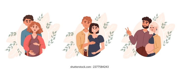 Set of pregnant woman and husband waiting baby. Motherhood and maternity concept. Happy couples, cartoon parents. Family love. Birth expecting. Leaves ornament. Father and mother. Vector illustration