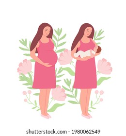 A set with a pregnant woman and a mother with a newborn baby. The concept of carrying a child and motherhood. Flat vector illustration isolated on a white background