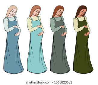 Set of pregnant woman touching her belly illustration isolated on white. Young woman expecting a baby. Vector hand drawn cartoon isolated on white background 