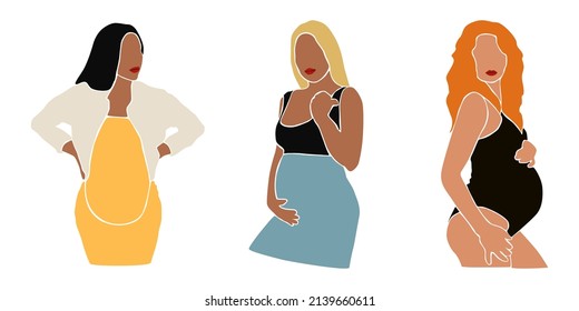 Set of pregnant woman touching her belly. Abstract modern art about pregnancy and motherhood - mother concept. Hand drawn vector contemporary abstract illustration. Paper cut mosaic style