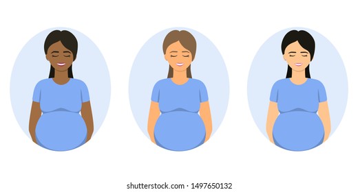 Set of pregnant women african or afro-american, european and asian appearance. Vector flat character illustration of pretty girl expecting a baby. Happy pregnancy and materniry