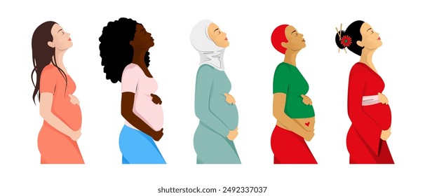 Set of pregnant women with different ethnicity