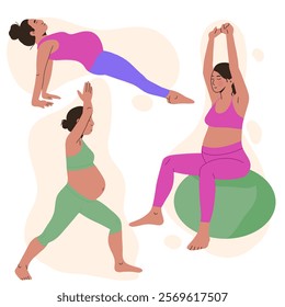 set of pregnant women doing different poses. Vector illustration
