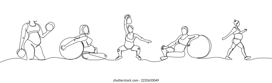 Set of pregnant women doing sports before birth fitness one line art. Continuous line drawing of pregnancy, sports, fitness, preparation for childbirth, strength training.