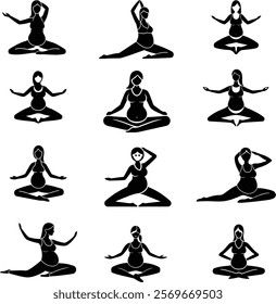 Set of pregnant women doing yoga exercises vector icon.