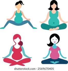 Set of pregnant women doing yoga exercises vector icon.