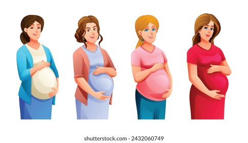 Set of pregnant women hugging her belly. Vector cartoon illustration