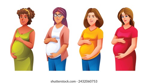 Set of pregnant women hugging her belly, waiting for a baby. Vector cartoon illustration