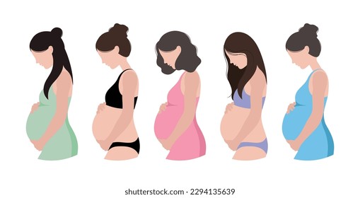 Set of pregnant women hugging their belly vector illustration, diverse pregnant women.