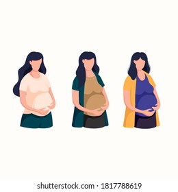 Set of Pregnant women, maternity, pregnancy vector design template. Flat illustration of pregnant women, pregnant mother character. Pregnant women touching her belly.