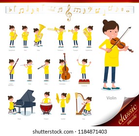 A set of Pregnant women on classical music performances.There are actions to play various instruments such as string instruments and wind instruments.It's vector art so it's easy to edit.