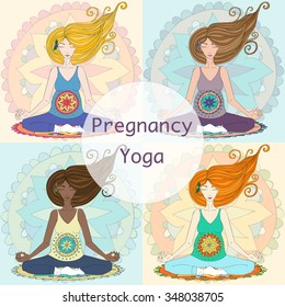 Set of pregnant women practicing lotus asana in meditation. Mandala background in pink color.