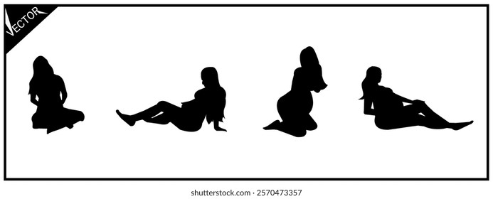 Set of pregnant women silhouettes. Different poses. Vector illustration.