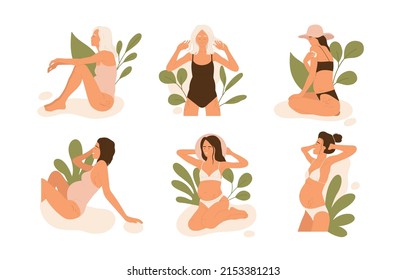 Set of pregnant women with stretch marks. Skin treatment. Pregnancy, body positivity, self love aesthetic collection. Isolated vector illustration in cartoon style
