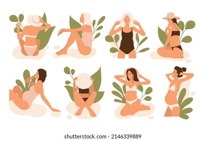 Set of pregnant women in swimsuits resting on the beach with leaves. Pregnancy, vacation in summer aesthetic collection. Vector illustration in cartoon style. Isolated white background.	
